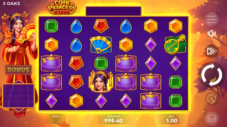 Coin Princess x1000 base game grid - gem, teapot, fan and lute symbols with the Princess scatter and BONUS button, balance 998.40 at bet 1.00