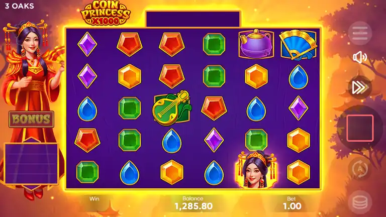 Coin Princess x1000 base game at spin 1234, balance 1285.80, showing scatter symbols in golden lantern frames
