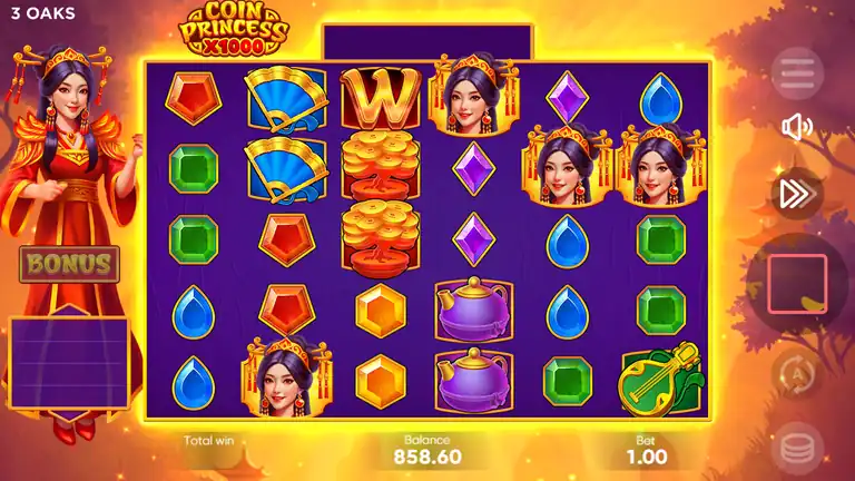 Coin Princess x1000 Free Spins trigger moment - scatter symbols in the golden lantern frame visible on the 6x5 grid, balance 858.60 at bet 1.00