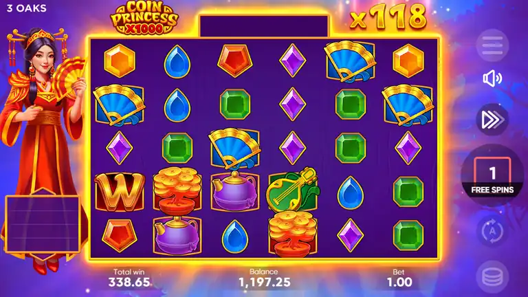 Coin Princess x1000 Free Spins round nearing end with x118 accumulated multiplier on screen, total win 338.65, balance 1197.25, 1 free spin remaining